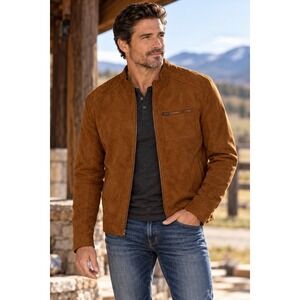 Manly Men's Casual Jacket Brown Faux Suede Full Zip Mock Neck Large NWT
